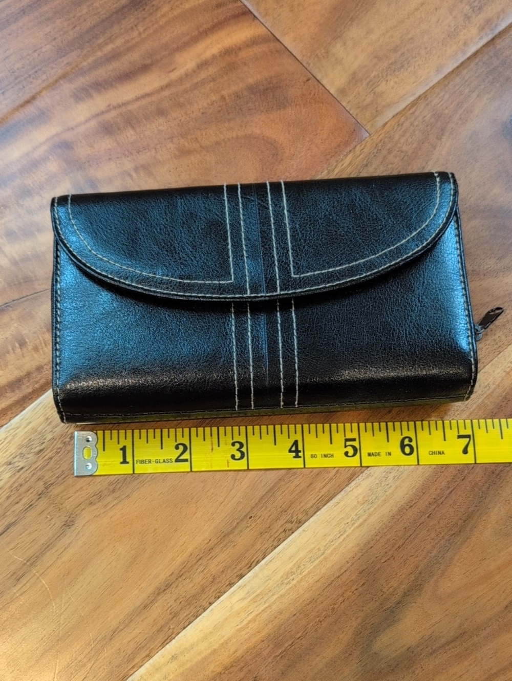 Buxton Black Leather Long Wallet with Contrast Stitching